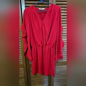 Amanda Uprichard Vibrant Red V-Neck Dress With Ruffled Sleeves
